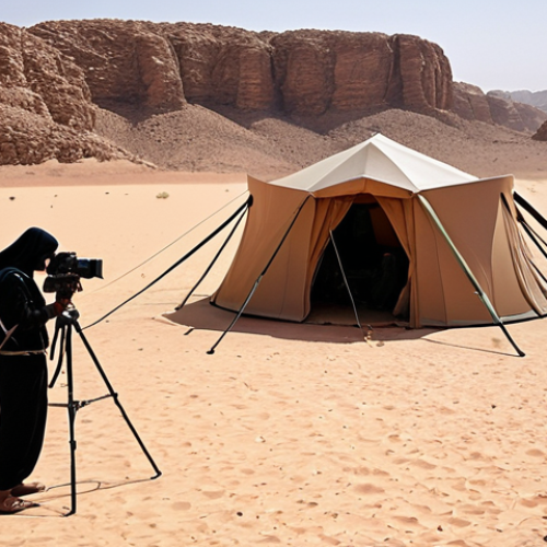 Home 4 A modern Saudi film crew filming a documentary in the desert. The crew is using high-quality equipment, including drones and professional cameras. The image should highlight the contrast between traditional Saudi culture (perhaps a Bedouin tent in the background) and modern technology. Emphasize the bright sunlight and vastness of the desert landscape.