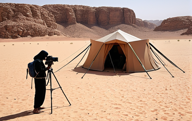 A modern Saudi film crew filming a documentary in the desert. The crew is using high-quality equipment, including drones and professional cameras. The image should highlight the contrast between traditional Saudi culture (perhaps a Bedouin tent in the background) and modern technology. Emphasize the bright sunlight and vastness of the desert landscape.