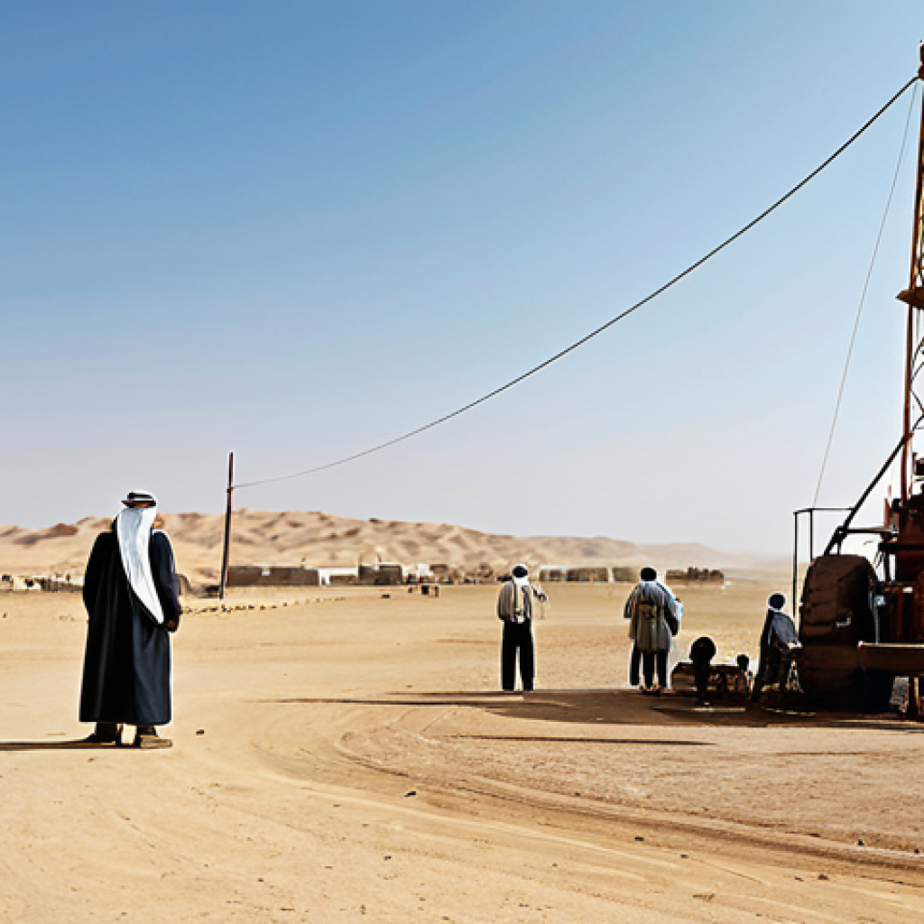**

"A wide, panoramic view of the Saudi Arabian desert in the 1930s, showing early oil exploration. American oil workers in appropriate period clothing, working on a drilling rig. In the background, a small Bedouin settlement. The sky is clear and blue.  Emphasis on the vastness of the desert and the contrast with the modern technology.  Safe for work, appropriate content, fully clothed, professional, perfect anatomy, natural proportions, high quality."

**