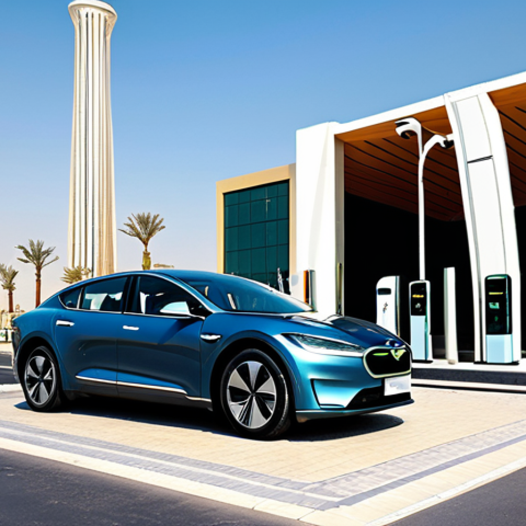 **

"A modern electric car charging at a sleek charging station in Riyadh, Saudi Arabia. The backdrop includes modern buildings and palm trees. Safe for work, appropriate content, fully clothed, professional, perfect anatomy, natural proportions, high quality."

**