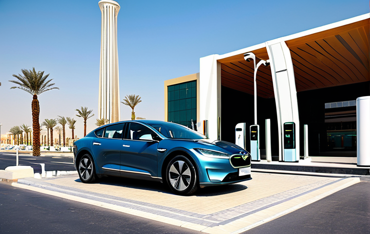 **

"A modern electric car charging at a sleek charging station in Riyadh, Saudi Arabia. The backdrop includes modern buildings and palm trees. Safe for work, appropriate content, fully clothed, professional, perfect anatomy, natural proportions, high quality."

**