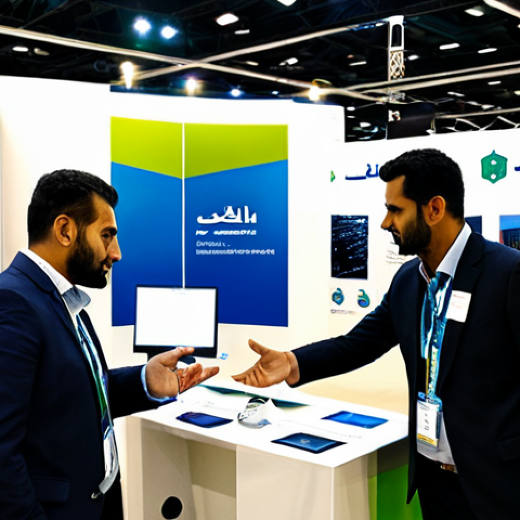 사우디아라비아 무역 박람회 정보 - A bustling trade show floor in Riyadh, Saudi Arabia. Professionals in modest business attire are net...