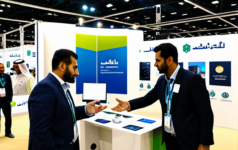 사우디아라비아 무역 박람회 정보 - A bustling trade show floor in Riyadh, Saudi Arabia. Professionals in modest business attire are net...