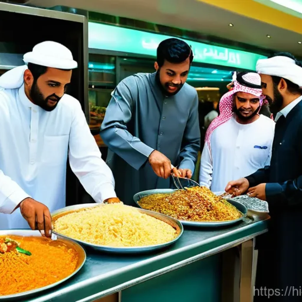 사우디아라비아의 민족 구성 - **Prompt: A bustling, vibrant scene in a modern Saudi Arabian marketplace or a contemporary food cou...