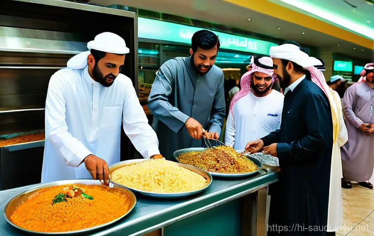 사우디아라비아의 민족 구성 - **Prompt: A bustling, vibrant scene in a modern Saudi Arabian marketplace or a contemporary food cou...