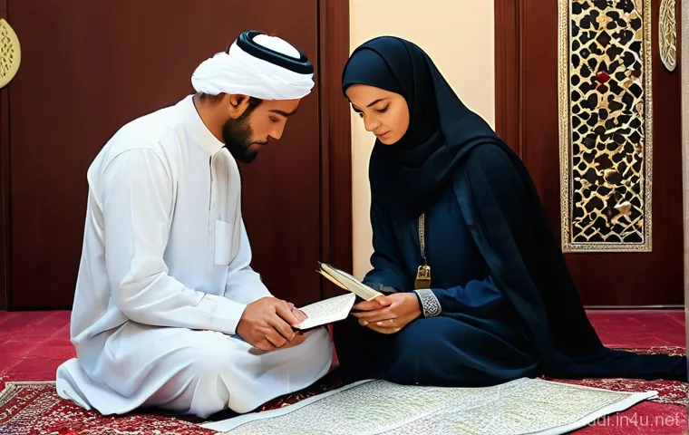 메카 방문을 위한 필수 가이드 - **Prompt 1: Spiritual Reflection and Preparation for Hajj/Umrah**
    "A Muslim man and woman in the...