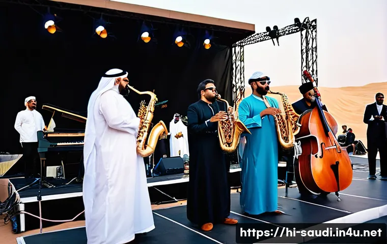 사우디아라비아의 재즈 문화와 음악 공연 - **Prompt:** A vibrant and inclusive international jazz festival taking place in a modern outdoor ven...
