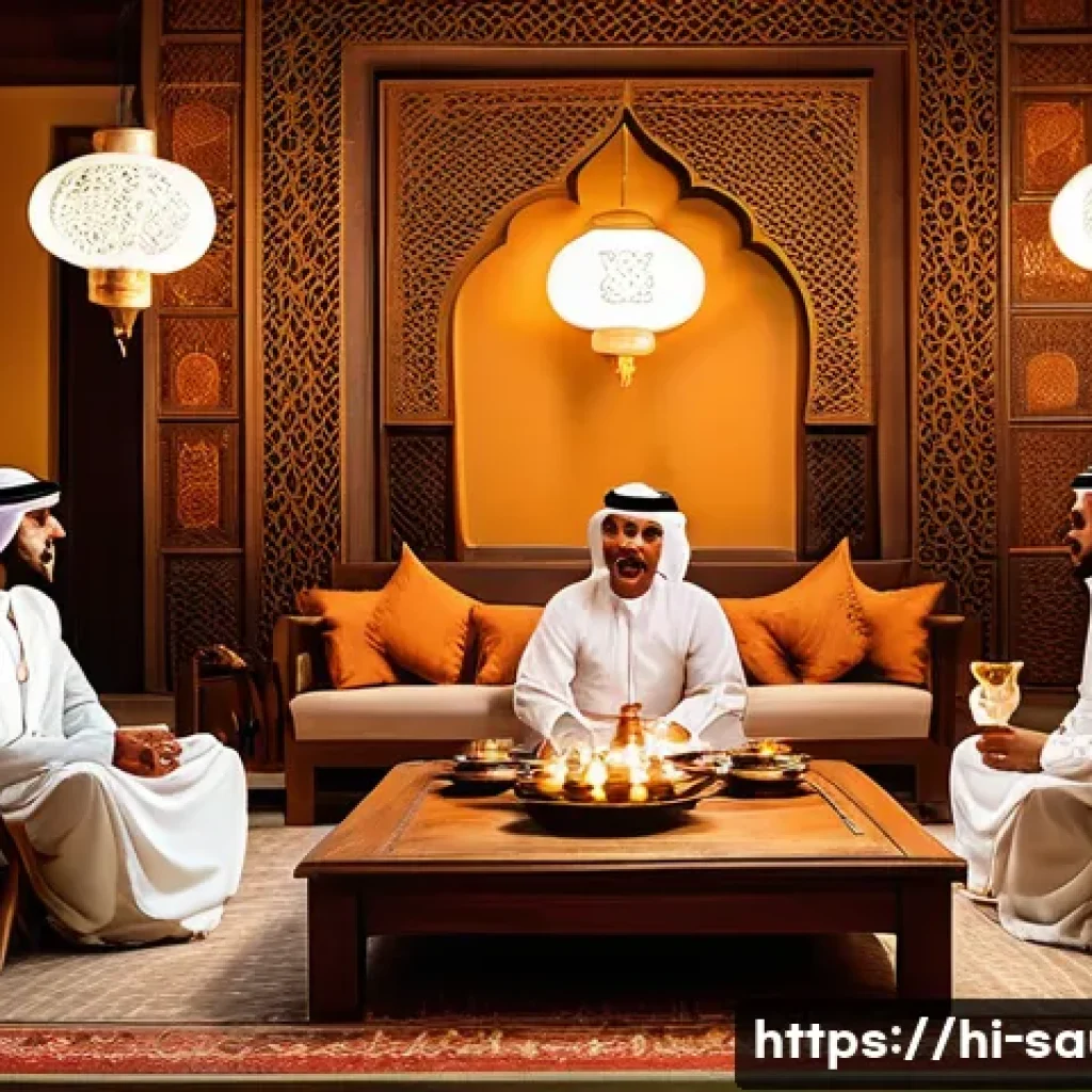 사우디아라비아 내 유명 카페와 로스터리 - A traditional Saudi Arabian coffee ceremony scene showing a warmly lit majlis (seating area) with me...