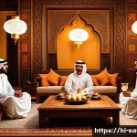 Home 19 사우디아라비아 내 유명 카페와 로스터리 - A traditional Saudi Arabian coffee ceremony scene showing a warmly lit majlis (seating area) with me...