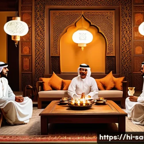 Home 13 사우디아라비아 내 유명 카페와 로스터리 - A traditional Saudi Arabian coffee ceremony scene showing a warmly lit majlis (seating area) with me...