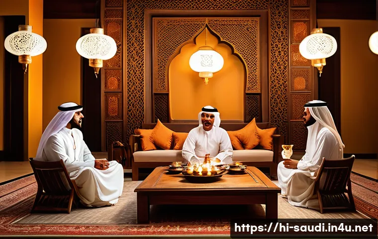 사우디아라비아 내 유명 카페와 로스터리 - A traditional Saudi Arabian coffee ceremony scene showing a warmly lit majlis (seating area) with me...