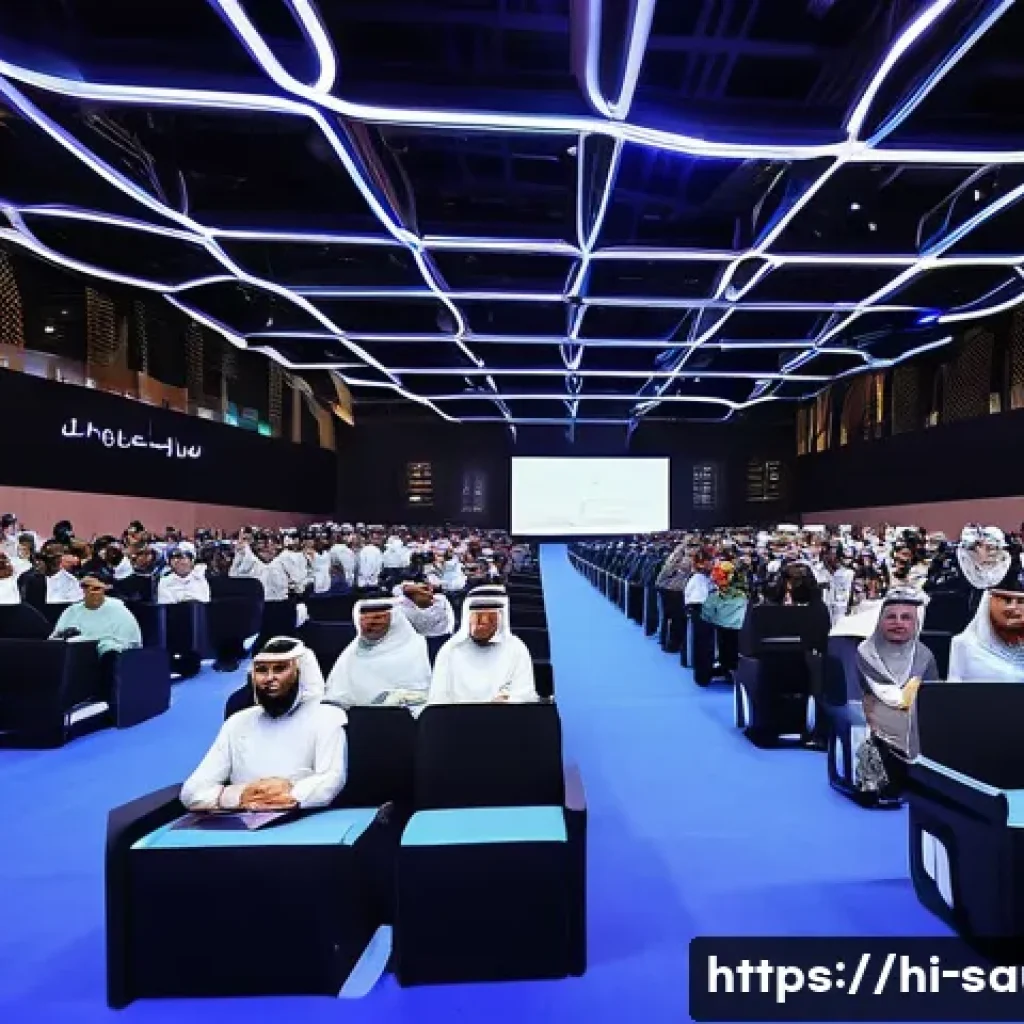 사우디아라비아 주요 투자처와 산업 발전 - A vibrant technology startup event in Saudi Arabia featuring young local entrepreneurs presenting in...