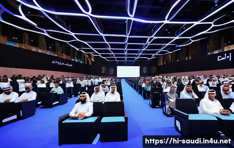 사우디아라비아 주요 투자처와 산업 발전 - A vibrant technology startup event in Saudi Arabia featuring young local entrepreneurs presenting in...