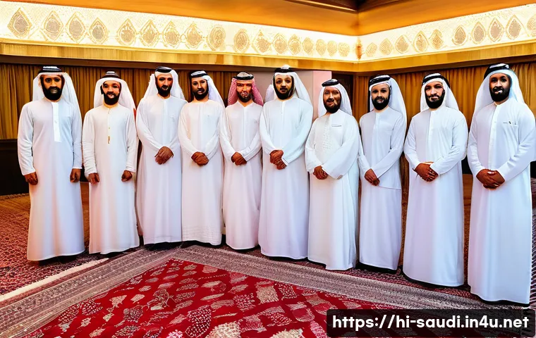 사우디아라비아 결혼문화와 관습 - A vibrant Saudi Arabian wedding ceremony scene featuring a large gathering of family members dressed...