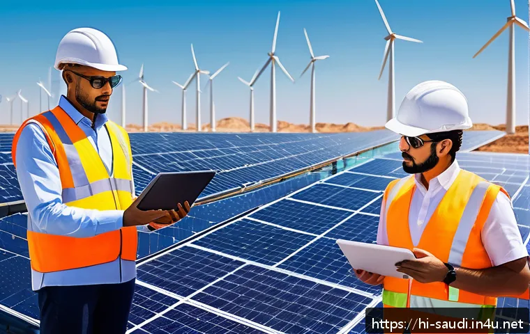 사우디아라비아 내 미국과의 관계 - A detailed digital artwork depicting a futuristic energy collaboration scene between Saudi Arabia an...