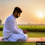 Home 21 이슬람 예배 시간과 규칙 - A serene early morning scene depicting a young Hindu man performing Fajr prayer at dawn, wearing cle...
