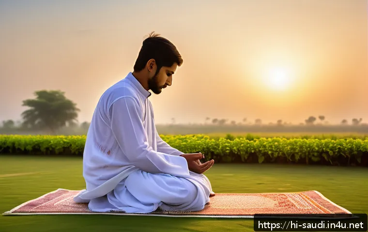이슬람 예배 시간과 규칙 - A serene early morning scene depicting a young Hindu man performing Fajr prayer at dawn, wearing cle...