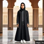 Home 20 사우디아라비아의 패션 브랜드와 산업 - A stylish young Saudi woman wearing a modern abaya that blends traditional embroidery with contempor...