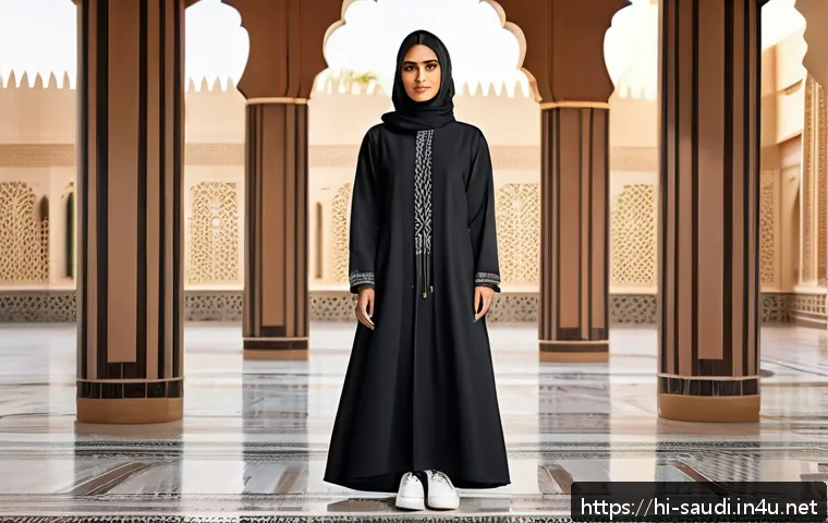 사우디아라비아의 패션 브랜드와 산업 - A stylish young Saudi woman wearing a modern abaya that blends traditional embroidery with contempor...