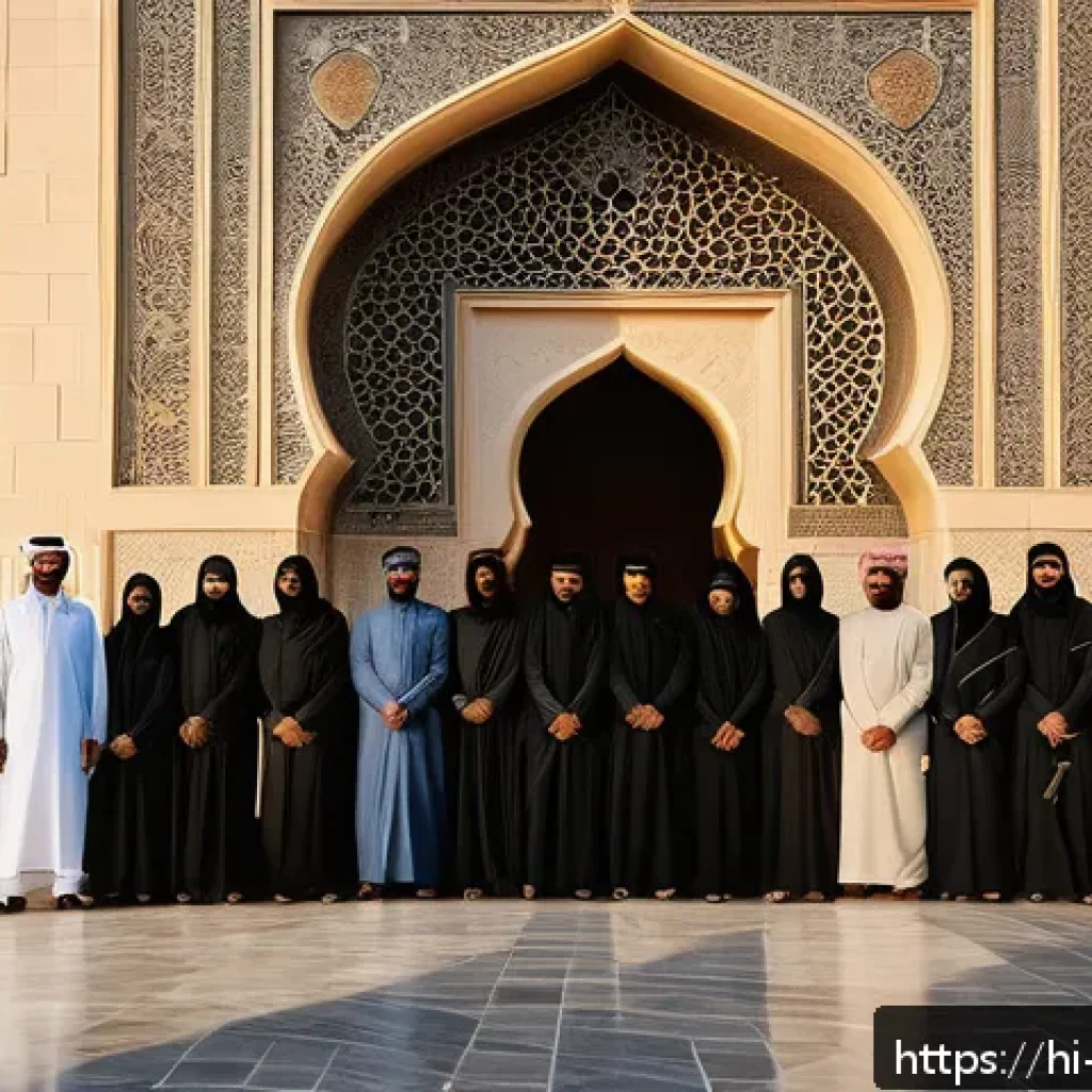 사우디아라비아에서의 사진 촬영 주의사항 - A respectful scene outside a historic mosque in Saudi Arabia during golden hour, showing a diverse g...
