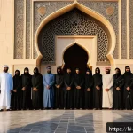 Home 23 사우디아라비아에서의 사진 촬영 주의사항 - A respectful scene outside a historic mosque in Saudi Arabia during golden hour, showing a diverse g...