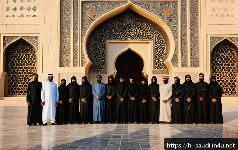 사우디아라비아에서의 사진 촬영 주의사항 - A respectful scene outside a historic mosque in Saudi Arabia during golden hour, showing a diverse g...