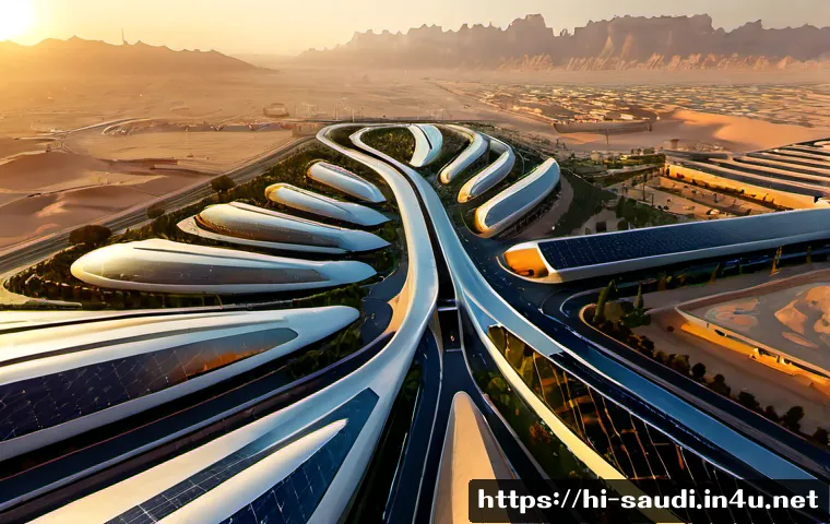 사우디아라비아 내 혁신적인 도시 프로젝트 - Photorealistic aerial view of an innovative Saudi Arabian desert city project at sunrise, sleek futu...