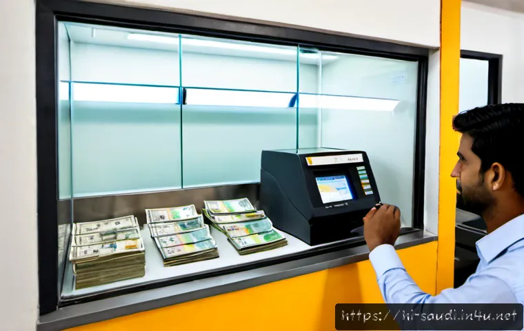 현지 환전소 위치 및 사용 팁 - Photorealistic travel scene inside a clean local currency exchange office in India, a friendly adult...