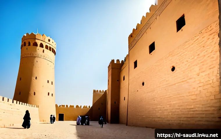 리야드의 역사적 유적지 탐방 - Photorealistic wide-angle view of Al Masmak Fortress in Riyadh at golden hour, imposing mud-brick wa...